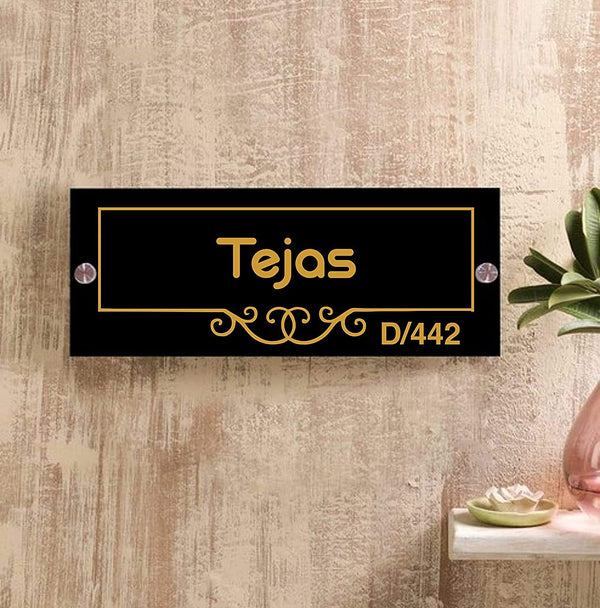 Creative Underline Border Flower Personalized Name Plates for Home Door Outdoor Customized Laminated Name Board House Apartment Glass Door Number (31 cm X 13 cm)