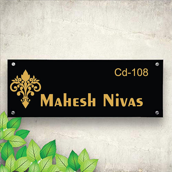 Flower Theme Customized Personalized Acrylic Name Board Plates for Home Outdoor Entrance Home Office Outside House Décor Door Bungalow Golden Black (30 X 10 Cms)