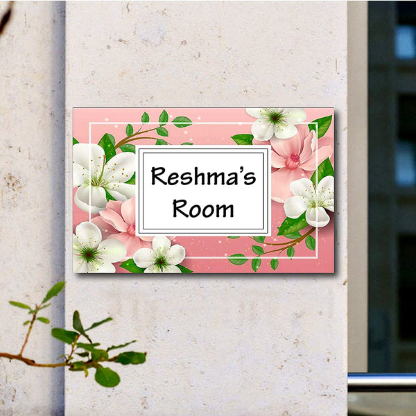 Flowers Theme Customized Personalized Printed Name Plate Door Multicolored For Home Outdoor Family Glass Home Outside Office House Decor Door Bungalow (19 X 30 CMS)