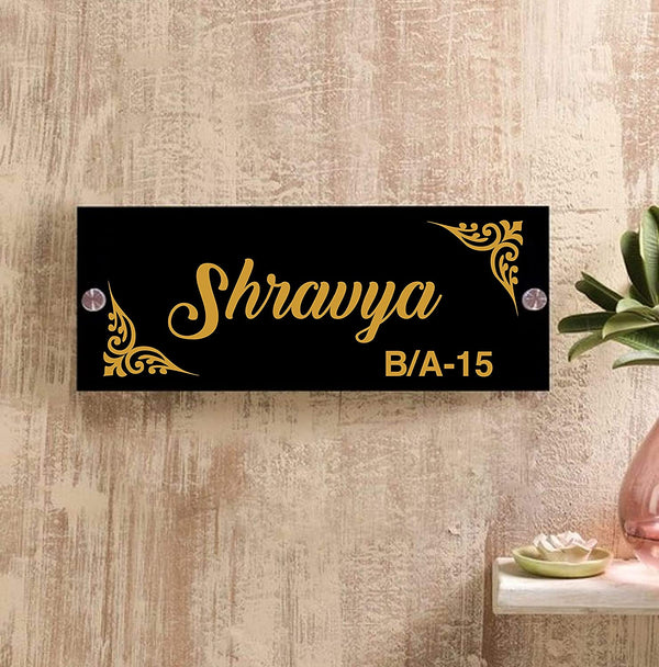 Simple Corner Flower Personalized Name Plates for Home Door Outdoor Customized Laminated Name Board House Apartment Glass Door Number (31 cm X 13 cm)