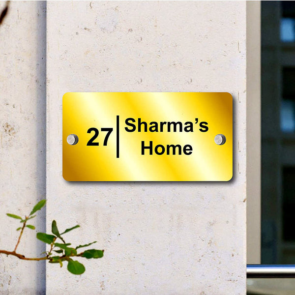 Customized Personalized Acrylic Name Board Plates For Home Outdoor Family Glass Home Office Outside Décor House Door Bungalow Mirror Gold & Black (40X 20 CMS)