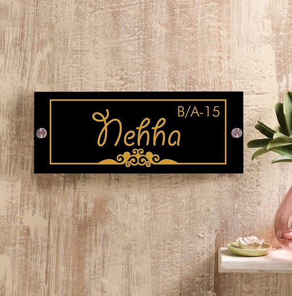 Flower Underline Boarder Nehha Personalized Name Plates for Home Door Outdoor Customized Laminated Name Board House Apartment Glass Door Number (31 cm X 13 cm)