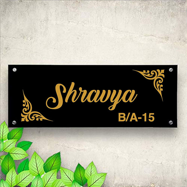 Simple Corner Flower Personalized Name Plates for Home Door Outdoor Customized Laminated Name Board House Apartment Glass Door Number (31 cm X 13 cm)