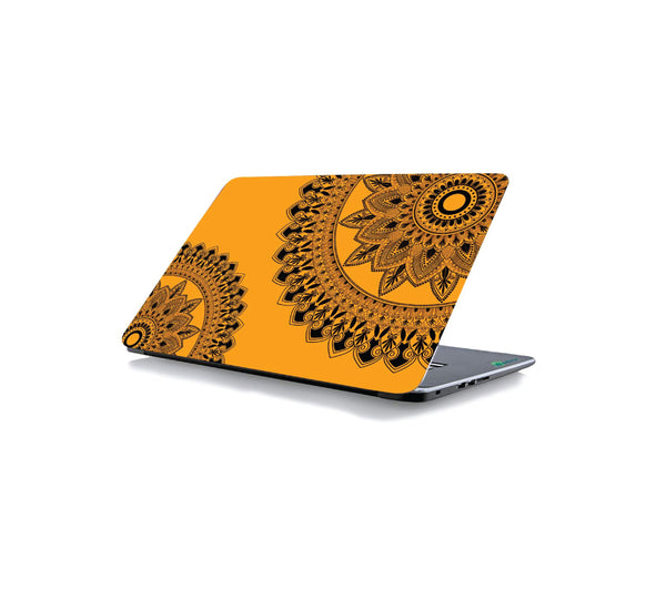 Mandala Arts Black & Yellow Laptop Skin Cover Laminated Stickers for Girls Boys Kids Office Vinyl Printed Multicolored Floral Small